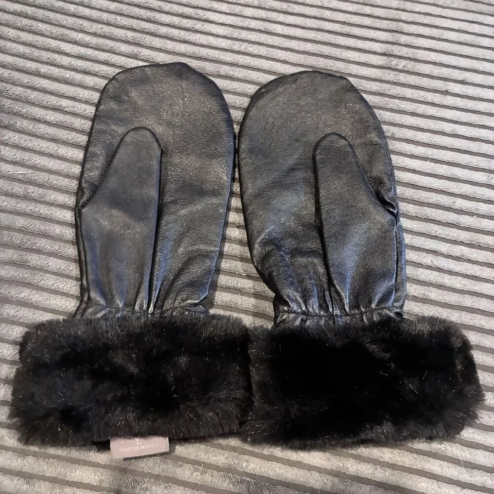 VTG Wilsons Women's Gloves Black Faux Fur Cuff Leather Fleece Large